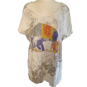 New Directions Weekend Graphic Tee Women Large White Elephant Metallic Slub Knit